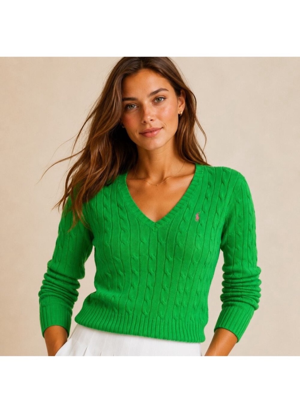 Ralph Lauren Kelly Green Cable-Knit V-Neck Sweater
